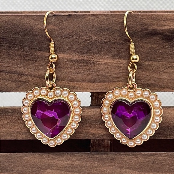 Purple and gold heart earrings with pearl handmade artist made Mothers Day gift - Picture 5 of 8